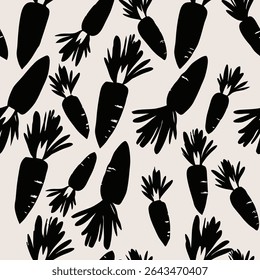 Bold black carrot vegetable pattern on light background seamless pattern for fabric, textiles, clothing, wallpaper, cover, banner, home decor, florals backgrounds