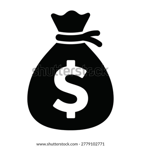 Bold black cash bag icon designed for financial presentations, business reports, banking services, and wealth management visuals. Represents prosperity, money security, and commercial success.