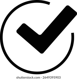 A bold black check mark is prominently displayed within a circular outline. This graphic symbol signifies agreement, confirmation, or a task that has been successfully completed, isolated on a white b