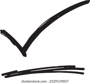 bold black checkmark with an extra line drawn underneath suggesting a completed task or confirmation indicating that something is marked as finished or approved.