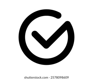 Bold black checkmark icon in a circle.  Perfect for app interfaces, websites, presentations, and social media graphics to represent completion, approval, or success.  Clean, minimalist design.