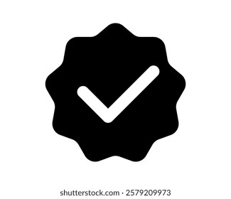 Bold black checkmark icon inside a stylized badge. Perfect for app interfaces, websites, presentations, and marketing materials needing a simple, modern approval or completion symbol.