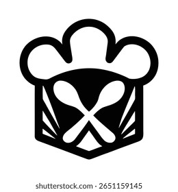 Bold black chef logo with crossed spoons and abstract hat design in clean modern silhouette style.