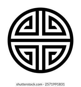 Bold black Chinese longevity symbol with geometric symmetry inside a circular frame on white