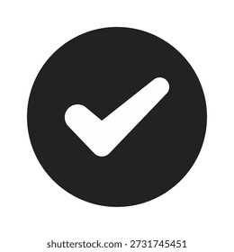 Um círculo preto em negrito com uma marca de verificação branca proeminente, simbolizando a conclusão e a aprovação.