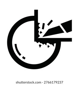 A bold black circular symbol with a broken segment and scattered shards, resembling a shattered gauge.