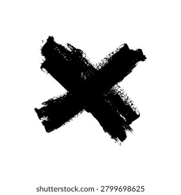 Bold black cross mark rendered with expressive ink brush strokes and grainy texture. Hand drawn artistic element for rejection or cancelation concepts. Gritty aesthetic with rough edges and charcoal feel on plain white. Versatile graphic for urban street style and alternative visual art.
