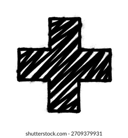 Símbolo de cruz negrito preto com linhas de esboço diagonal, estilo desenhado à mão sobre fundo branco, conceito de assistência médica e apoio de emergência