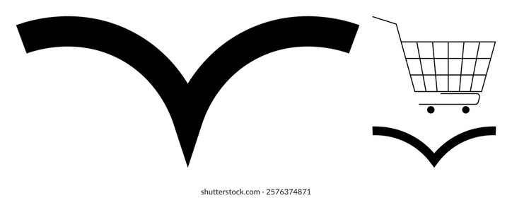 A bold black curve and a shopping cart with a similar shape below it on a white background. Ideal for shopping themes, online retail, e-commerce, grocery stores, user interfaces