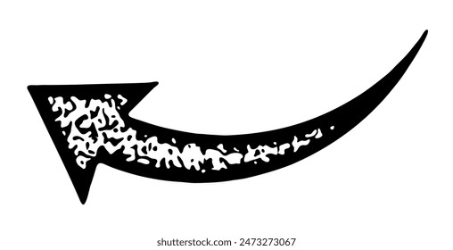 Ein kräftiger, schwarzer gebogener Pfeil mit einem einzigartigen strukturierten Fülldesign, der nach rechts zeigt. Ideal für Grafikdesign, Präsentationen und Richtungsanzeigen.