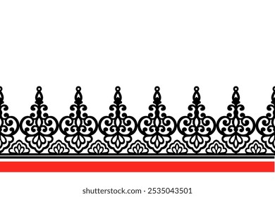 Bold black damask border with intricate details against a clean white background, accented with a red stripe, ideal for fashion, textiles, and decorative uses.