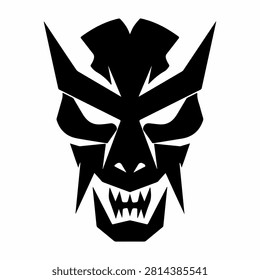 A bold black demon mask featuring sharp details and an aggressive expression, symbolizing strength and mystique in cultural art.