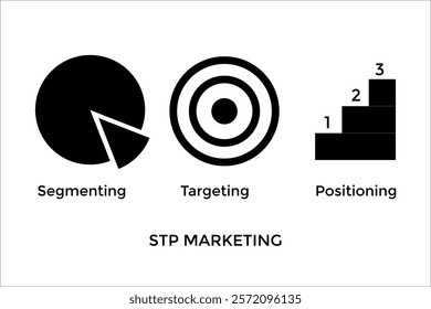 A bold, black design representing STP marketing with a dark pie chart for segmentation, a bulls eye for targeting, and a staircase for positioning