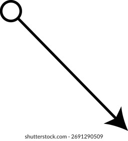 Uma seta diagonal preta em negrito apontando para baixo à direita com um ponto inicial circular, criada em estilo de vetor mínimo.