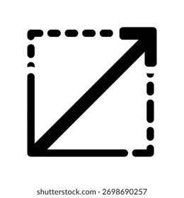 Uma seta diagonal preta em negrito aponta da parte inferior esquerda para o canto superior direito, delimitada por um contorno quadrado tracejado, significando expansão e movimento de avanço em um pano de fundo branco limpo.