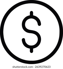 Bold black dollar sign inside a circle. A clean, modern icon for money, finance, and currency concepts in business applications or infographics.