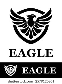 A bold black eagle logo design featuring a shield and outspread wings, symbolizing strength, power, and protection