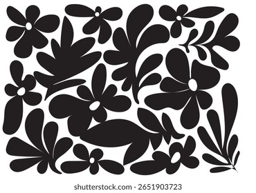  Bold black floral silhouette pattern featuring abstract flower shapes with uneven petals. Ideal for textile prints, wallpapers, backgrounds, modern decor, and trendy surface design projects