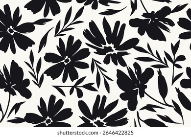 Bold black floral silhouettes on a soft white background, featuring dynamic flower and leaf shapes ideal for modern fabric prints, wallpapers, and decor.