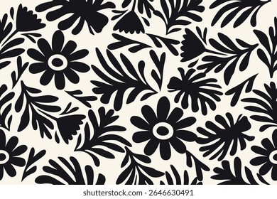 Bold black floral silhouettes on a soft white background, featuring dynamic flower and leaf shapes ideal for modern fabric prints, wallpapers, and decor.