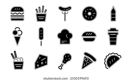 Iconos de comida negra audaz, signos de comida rápida y símbolos. Hamburguesa, patata frita, patas de pollo, sushi, pizza, café y otros iconos de alimentos. Ilustración vectorial.