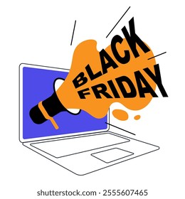 Bold Black Friday banner with a megaphone and notebook, perfect for digital marketing, social media, online ads, and promotional events to grab attention.