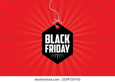 Um design arrojado Black Friday com um fundo vermelho vibrante com linhas de radiação dinâmica, perfeito para criar emoção e chamar a atenção para as vendas de férias.