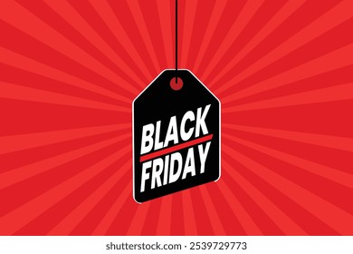 A bold Black Friday design featuring a vibrant red background with dynamic radiating lines, perfect for creating excitement and drawing attention to holiday sales.