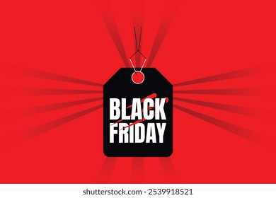 A bold Black Friday design featuring a vibrant red background with dynamic radiating lines, perfect for creating excitement and drawing attention to holiday sales.