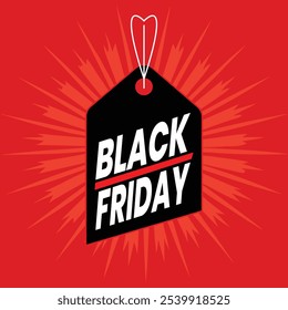 Um design arrojado Black Friday com um fundo vermelho vibrante com linhas de radiação dinâmica, perfeito para criar emoção e chamar a atenção para as vendas de férias.