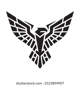 Bold black geometric eagle logo with sharp lines and spread wings, symbolizing strength and power. Ideal for branding, corporate logos, and modern designs.