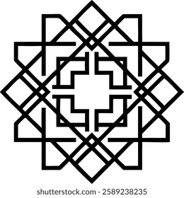 A bold black geometric Islamic pattern based on interlocking squares, symbolizing unity and interconnectedness.