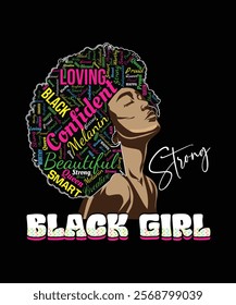 Bold 'Black Girl' design featuring a powerful afro silhouette with inspiring words like 'Loving,' 'Confident,' and 'Strong.' A celebration of beauty, resilience, and empowerment.