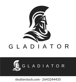 Bold black gladiator helmet logo in profile view, symbolizing strength, bravery, and power. Ideal for sports teams, security brands, or warrior-themed businesses
