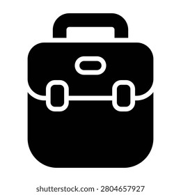 Bold black glyph of a camera carrying bag with front buckle and handle, solid silhouette on isolated background. Suitable for photography equipment, travel, storage, and outdoor activities.