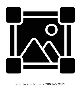 Bold black glyph of a photo editing interface with crop handles and landscape image, solid silhouette on isolated background. Suitable for image editing, graphic design, photography, and creative topics.