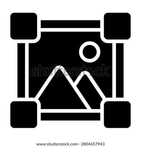 Bold black glyph of a photo editing interface with crop handles and landscape image, solid silhouette on isolated background. Suitable for image editing, graphic design, photography, and creative topics.
