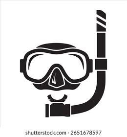 Um gráfico preto em negrito retrata uma máscara de mergulho e snorkel, prontos para aventuras aquáticas.