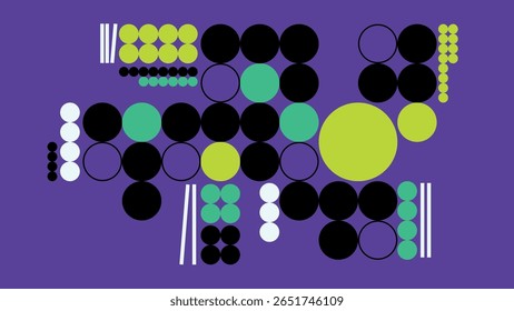 Negrito preto, verde, amarelo e pontos brancos dispostos em um estilo agrupado sobre o roxo profundo, apresentando ritmo abstrato e layout criativo.
