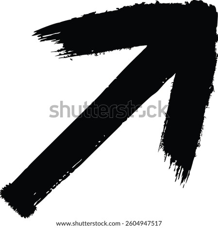 A bold black grunge brush arrow icon pointing diagonally upward. This hand-drawn, rough-textured arrow adds an artistic and modern touch to designs. Ideal for navigation, direction, infographics, web 