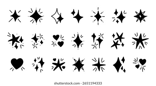 Bold black hand drawn doodle sparkles stars hearts graphic clipart children design, hand drawn style vector set whimsical elements isolated minimal decoration sketch icon flat monochrome shapes