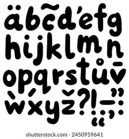 negrita negro dibujado a mano monocromo letras Pequeñas y signos alfabeto latino aislado sobre fondo blanco fuente script conjunto de educación