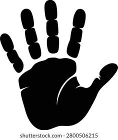 A bold black handprint silhouette featuring a human palm and fingers isolated on a light background. Suitable for identity, security, forensic, educational, awareness, and graphic design applications.