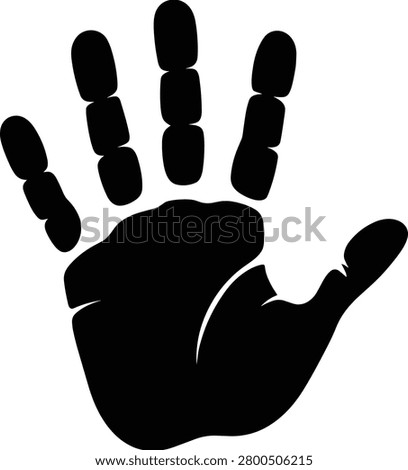 A bold black handprint silhouette featuring a human palm and fingers isolated on a light background. Suitable for identity, security, forensic, educational, awareness, and graphic design applications.