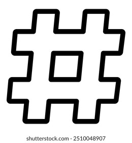 Das fette schwarze Hashtag-Symbol ist einzeln auf weißem Hintergrund zu sehen und repräsentiert Online-Trendthemen und Social-Media-Engagement