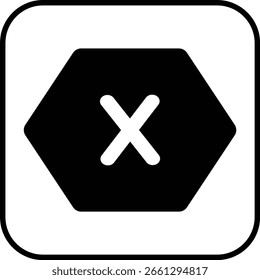 A bold black hexagon containing a centered white X, designed to represent cancelled actions, form errors, or system rejections in user interfaces.