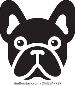 A bold, black icon depicting the face of a French Bulldog with its characteristic features. The design highlights the dog's expressive eyes, perky ears, and distinctive snout, set against a white back