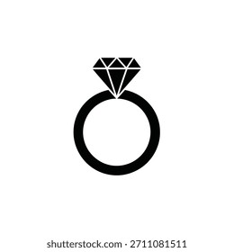 A bold black icon of a diamond ring symbolizes love, luxury, and special occasions, presented clearly against a white background.