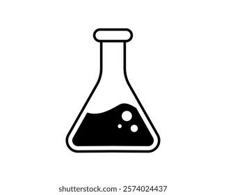 Bold black icon of an Erlenmeyer flask filled with liquid and bubbles against a white background.  Perfect for science, chemistry, or laboratoryrelated designs, websites, or presentations.