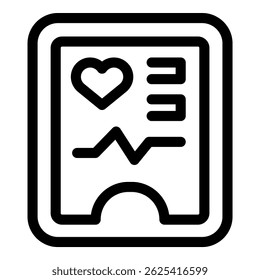 Bold black icon of a medical record displaying a heartbeat and information